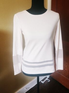 Lafayette 148 New York White Long-Sleeve Shell with Sheer Stripe Accents